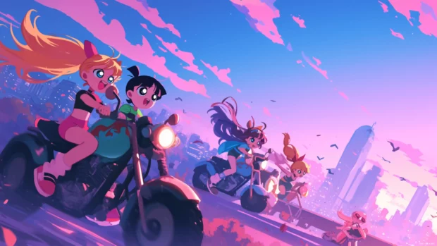 Powerpuff Girls racing across a pastel skyline at dusk.