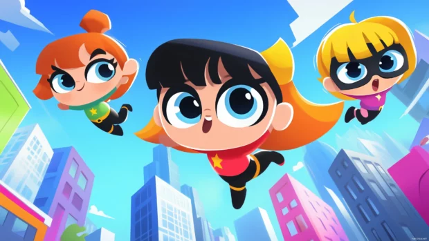 Powerpuff Girls soaring through city, fighting villains, Cartoon Network logo in corner.
