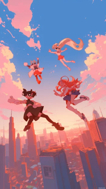 Powerpuff Girls zooming through cotton candy skies above the city.