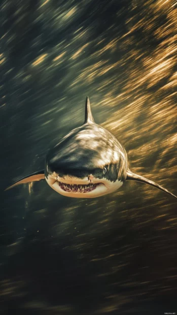 Predatory shark captured mid turn with natural motion blur.