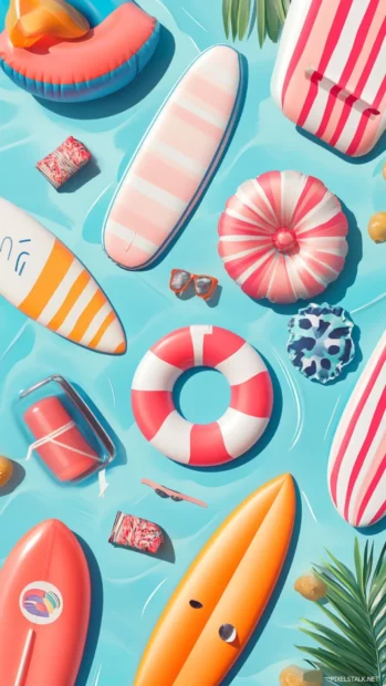 Preppy Summer Wallpapers packed with collage of pool floats, surfboards and striped swimsuits.