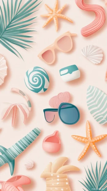 Preppy Summer Wallpapers with pastel beach accessories arranged in playful patterns.