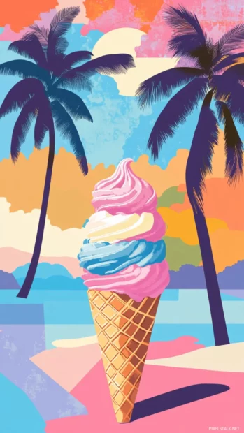 Preppy Summer Wallpapers with pastel ice cream cones, palm trees and sunset skies in small tile collage.