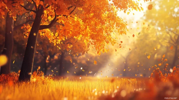 Pretty Autumn Wallpapers HD for Desktop featuring maple trees bathed in golden afternoon light.