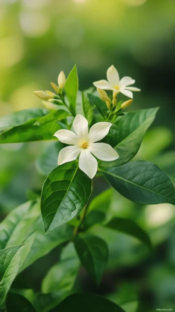Pretty Flower blooming between soft green leaves.