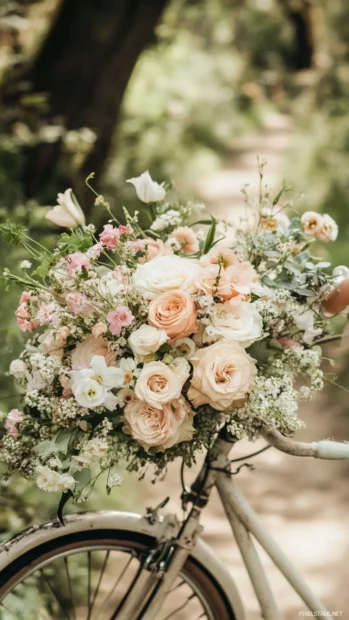 Pretty Flower bouquet resting on vintage bicycle.
