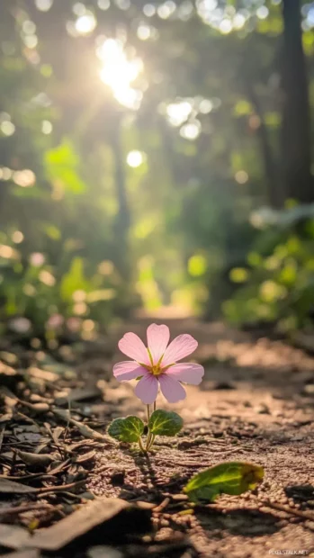 Pretty Flower growing along sunlit forest path.