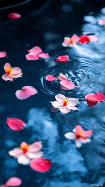 Pretty Flower petals drifting across blue pond.