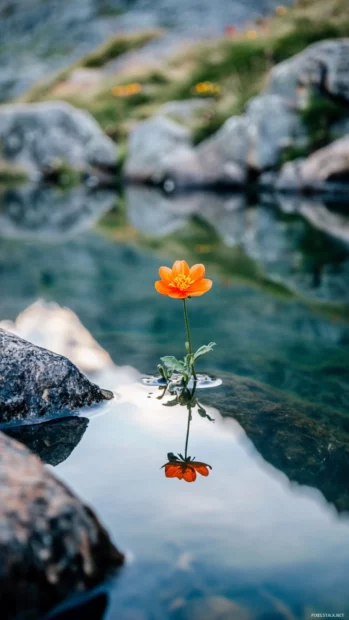 Pretty Flower reflected in still crystal lake.