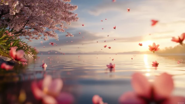 Pretty Japanese cherry blossom tree in full bloom, with petals gently falling and a calm river in the background.