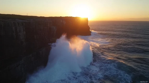 Pretty Ocean crashing against rocky cliffs at sunrise.