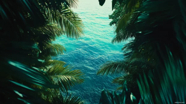 Pretty Ocean framed by tropical jungle canopy.