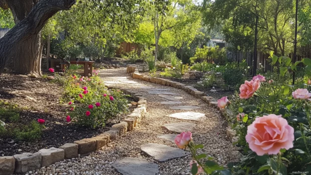 Pretty Roses blooming along rustic garden path.