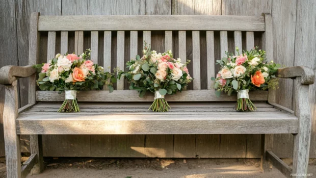 Pretty Roses bouquets resting on old wooden bench.