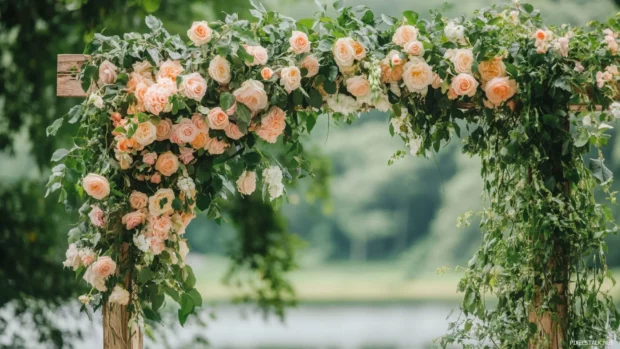 Pretty Roses cascading over ivy covered arch.