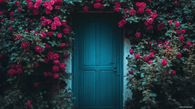 Pretty Roses covering secret garden door.