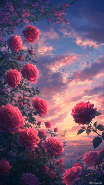 Pretty Roses dancing against twilight sky.