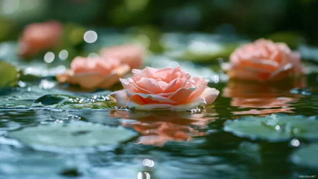 Pretty Roses floating in calm garden pond.