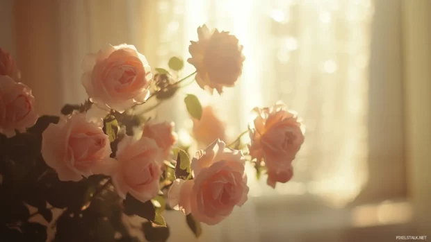 Pretty Roses shining in morning sunshine.
