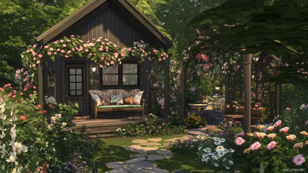 Pretty Roses surrounding cozy garden nook.