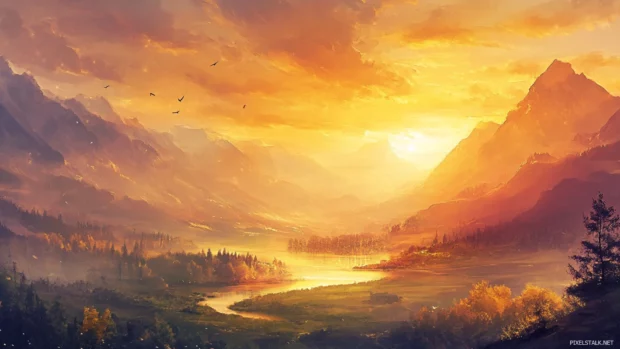 Pretty Scenery Wallpapers HD for Desktop featuring a valley bathed in golden light.
