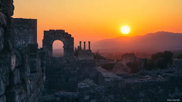 Pretty Sunset fading behind ancient ruins.