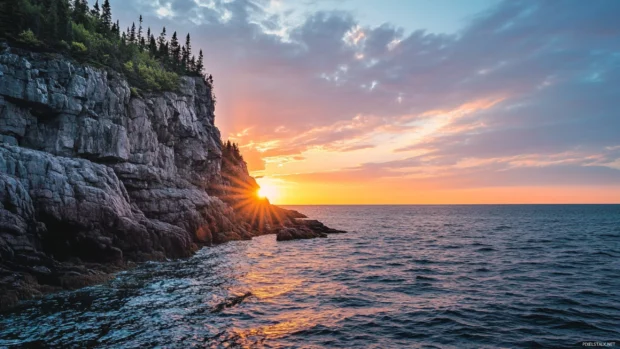 Pretty Sunset fading behind coastal cliffs.