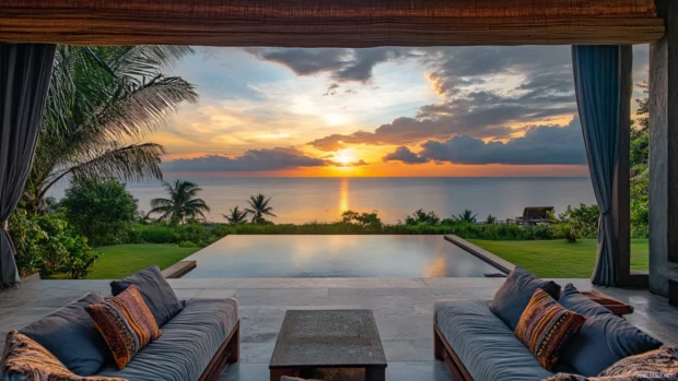 Pretty Sunset framing distant island on horizon.