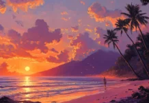 Pretty Sunset painting sky above tropical beach, Pretty beach sunset wallpaper.