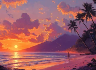 Pretty Sunset painting sky above tropical beach, Pretty beach sunset wallpaper.