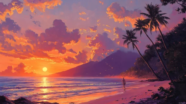Pretty Sunset painting sky above tropical beach, Pretty beach sunset wallpaper.