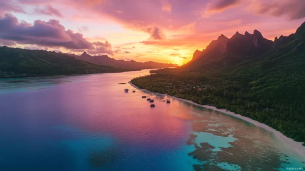 Pretty Sunset shimmering above tropical lagoon.