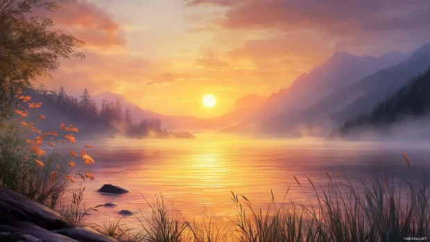 Pretty Sunset shining on misty mountain lake.