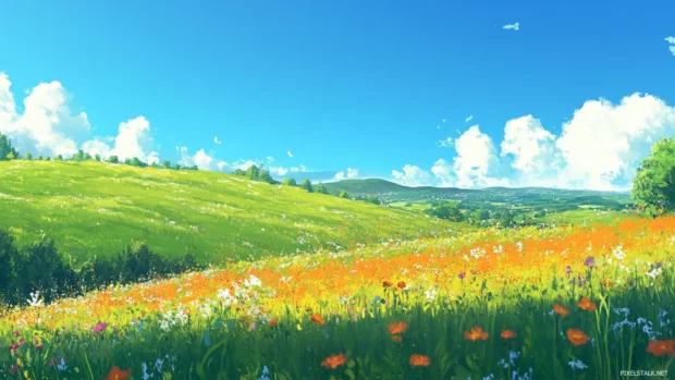 Pretty Wallpapers for Desktop, Pretty scenery of colorful meadows under bright blue sky.