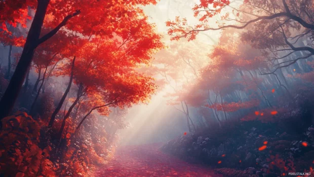 Pretty autumn woods glowing after rain.