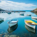Pretty boats drifting in tranquil coastal waters.