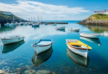 Pretty boats drifting in tranquil coastal waters.