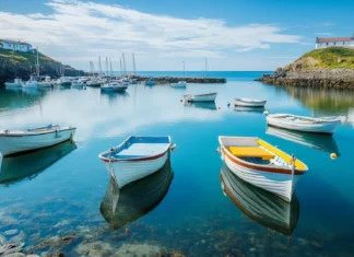 Pretty boats drifting in tranquil coastal waters.