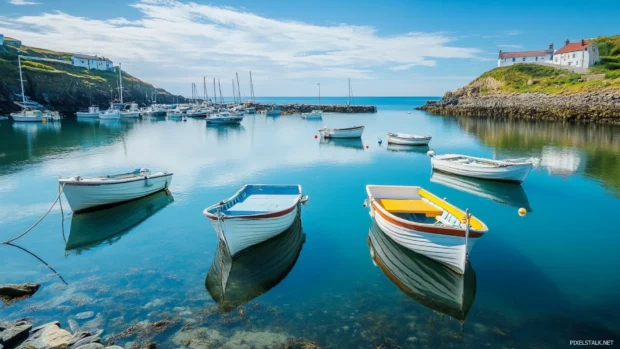 Pretty boats drifting in tranquil coastal waters.