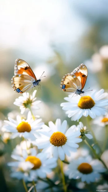 Pretty butterflies fluttering among daisies.