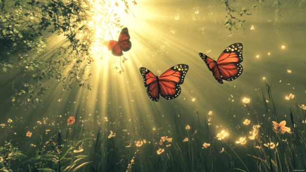 Pretty butterflies hovering above sunlit meadow.