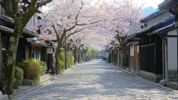 Pretty cherry blossom trees lining quiet cobblestone street.