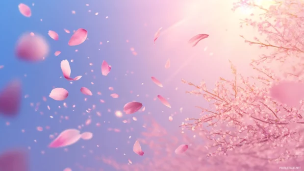 Pretty cherry blossoms fluttering in spring breeze.