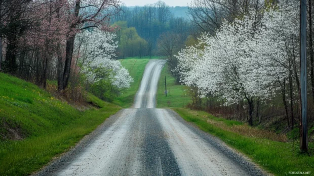 Pretty cherry trees blooming along a country road.