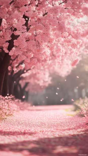 Pretty cherry trees blooming in quiet park.