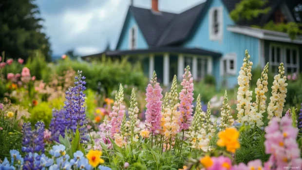 Pretty cottage garden surrounded by pastel flowers, Pastel pretty desktop wallpaper.