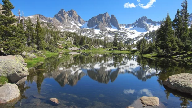 Pretty crystal lake mirroring snowy mountain peaks.
