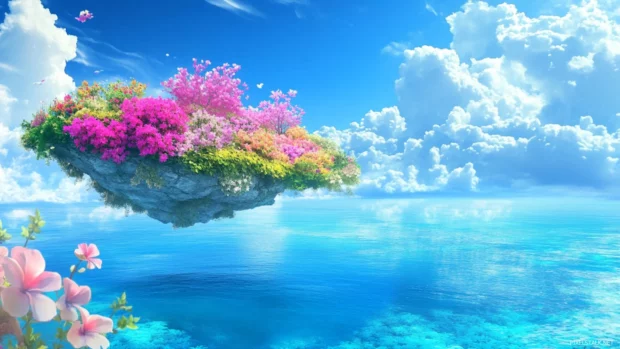 Pretty fantasy landscape laptop wallpaper featuring a vibrant garden floating over a tranquil ocean horizon.