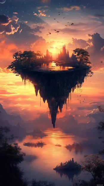 Pretty fantasy landscape phone wallpaper, Pretty landscape of floating islands in sunset.
