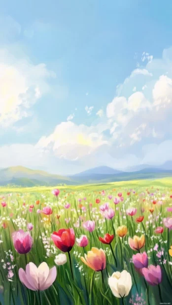 Pretty field of tulips dancing in spring wind.